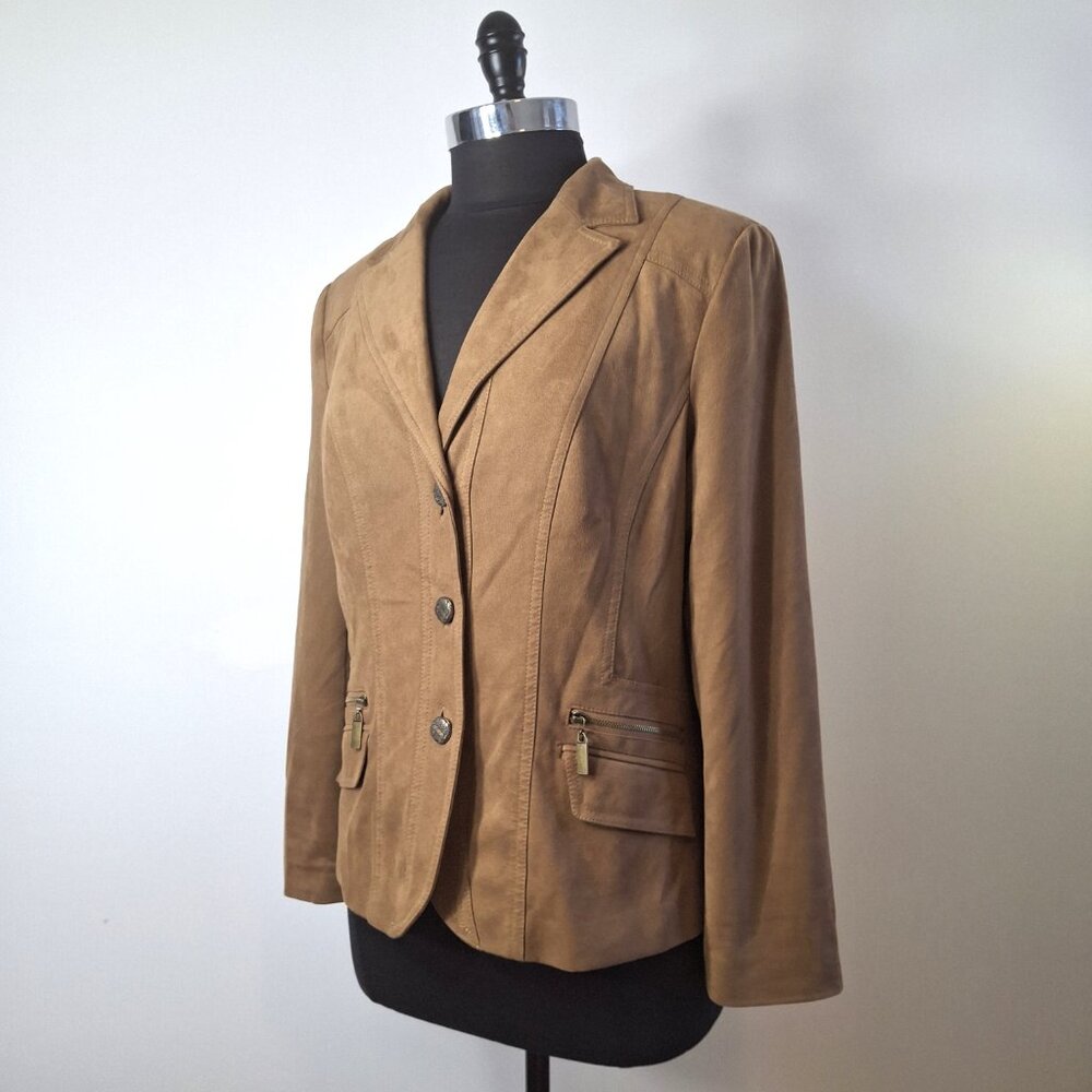 Conrad C Proportion Petite Womens Faux Suede Blazer Jacket Sz 12 Brown Coat Y2K - Picture 7 of 16